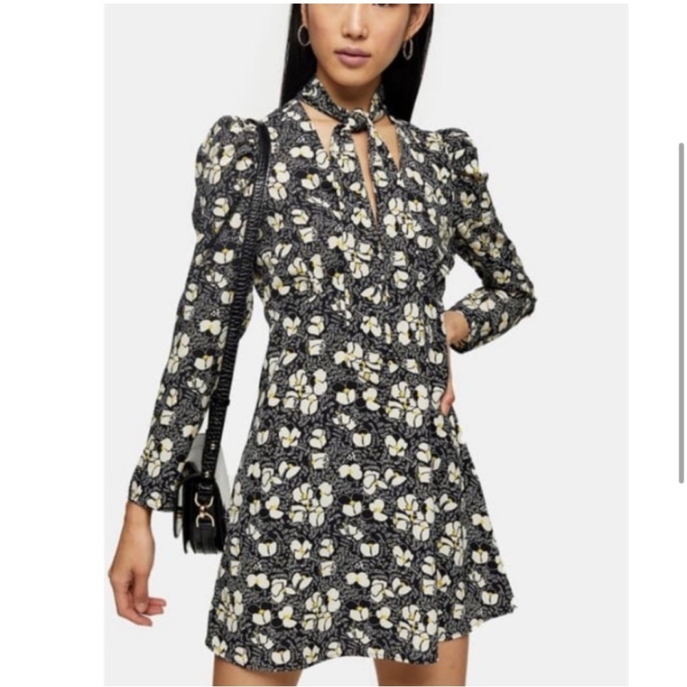 Topshop Floral Longsleeve Mini Dress Black Puff Sleeve Neck Tie Sz 8 Asthetic